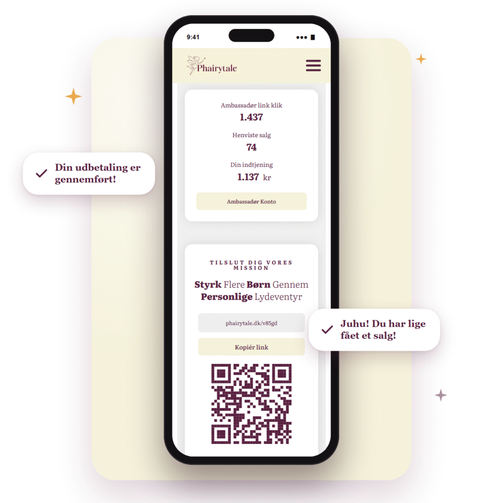 Phairytale ambassadør-oversigt på mobil med statistik, personligt ambassadør-link og QR-kode